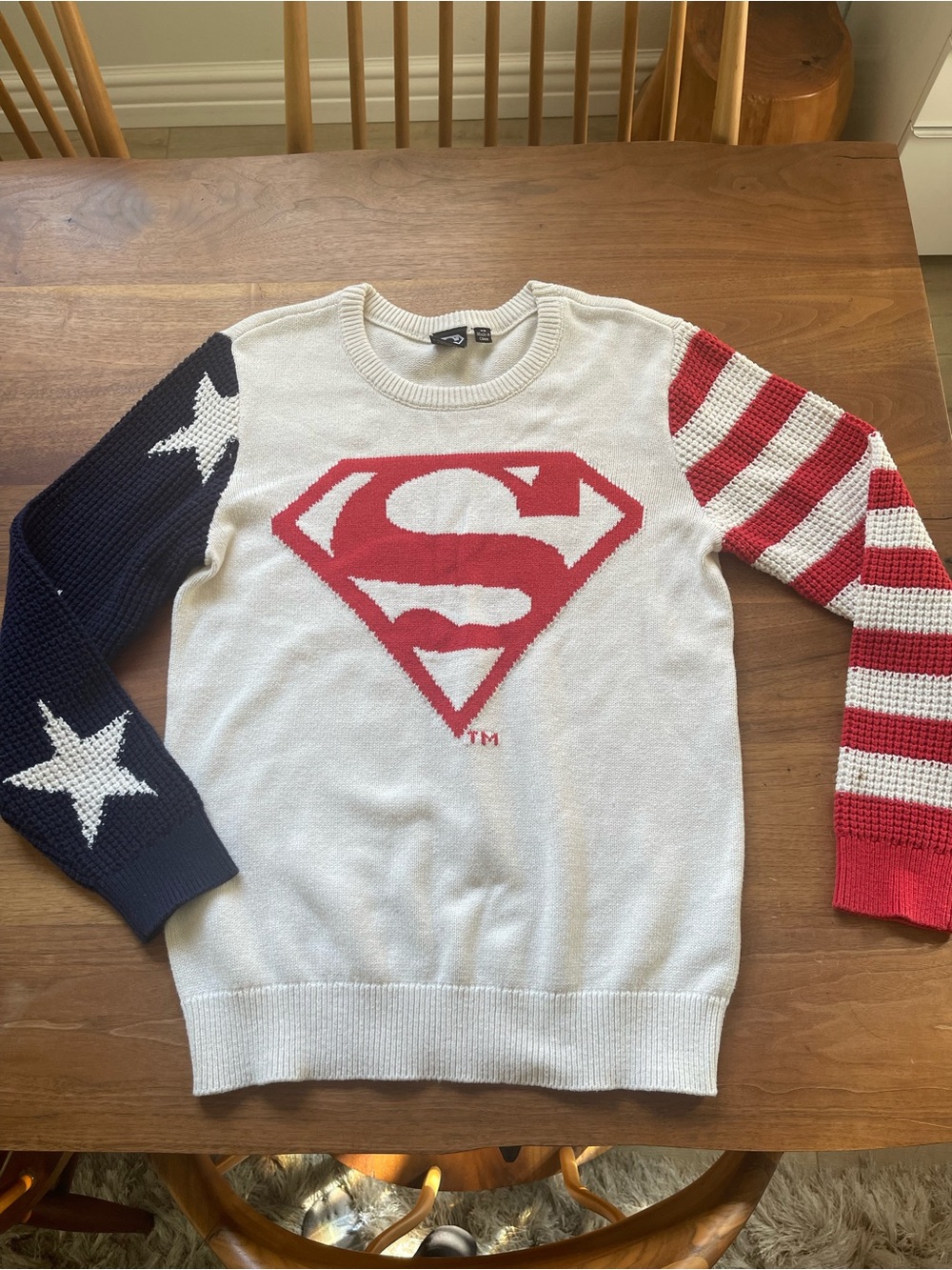 DC Comics White Crewneck Sweater with Red Superman Emblem and Patriotic Sleeves